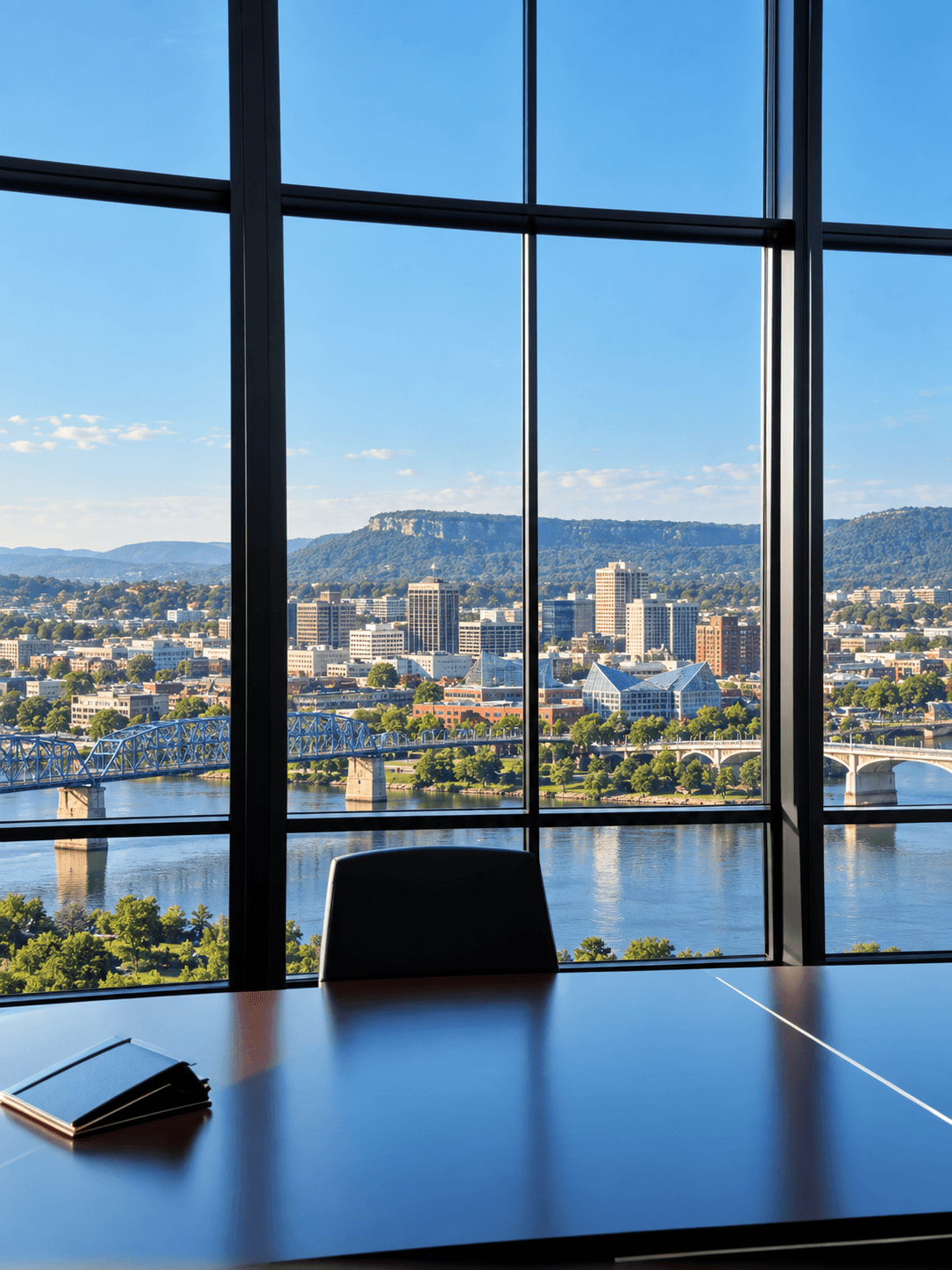 Aerial view of a city skyline seen through a high-rise office window