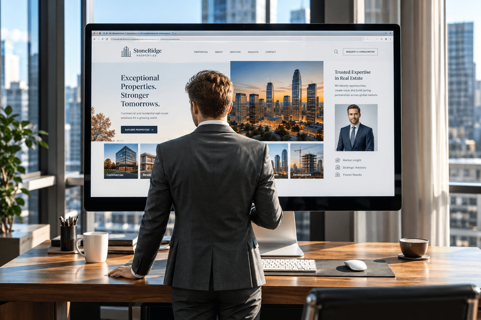 Businessman in a suit reviewing a website on a large desktop monitor in a modern office setting.