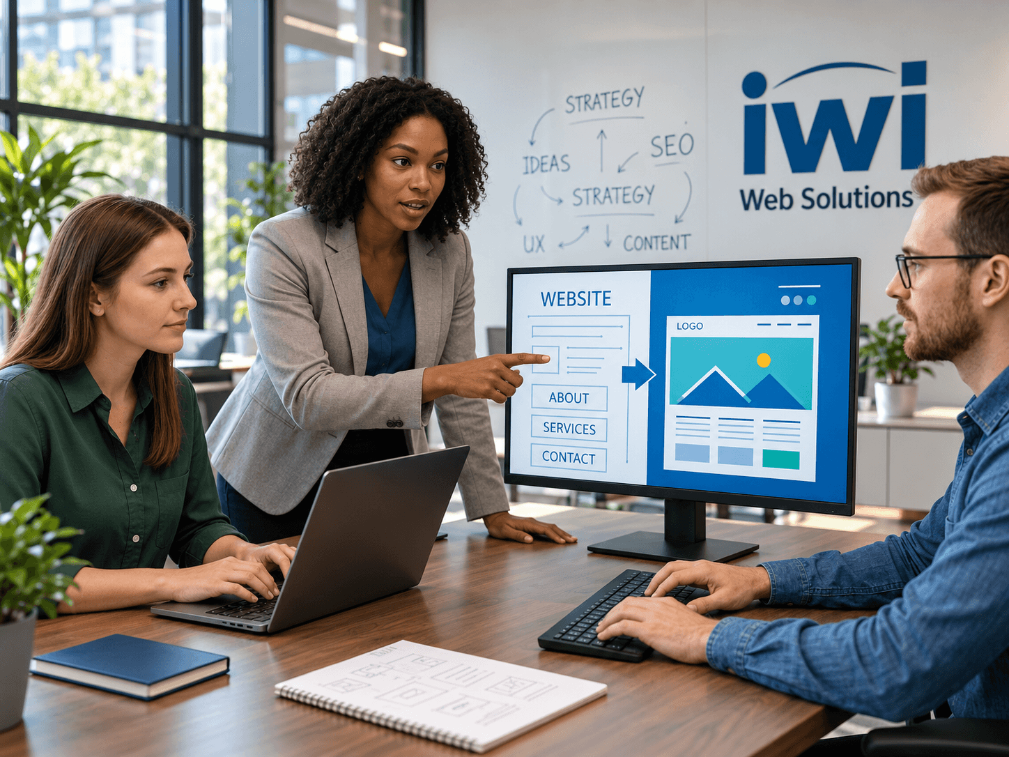 Team Website Strategy Pitch – IWI Web Solutions Three professionals at a table collaborating on a website strategy. One woman in a blazer is pointing at a monitor displaying a website layout with sections labeled ABOUT, SERVICES, and CONTACT. The screen also shows design elements. The team is in a modern office with IWI Web Solutions branding on the wall.
